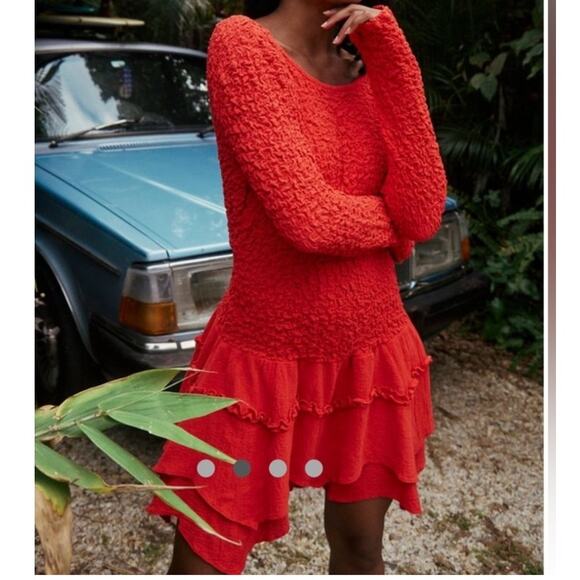 Free People Long Sleeve Open Back What A Time Drop Waist Mini Dress in Red - Picture 1 of 13